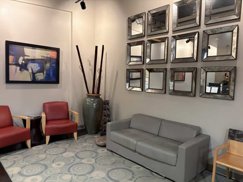 Comfortable and relaxing patient waiting room and lounge area.