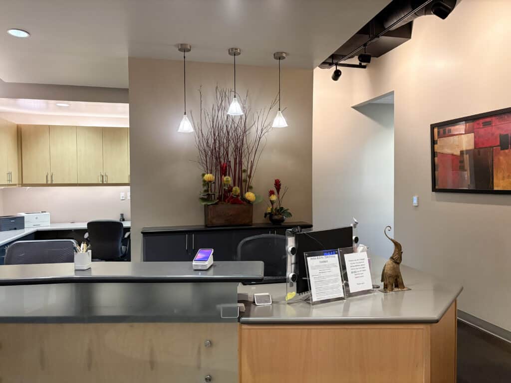 Welcoming front desk reception area inside Newpark Dentistry in Park City.