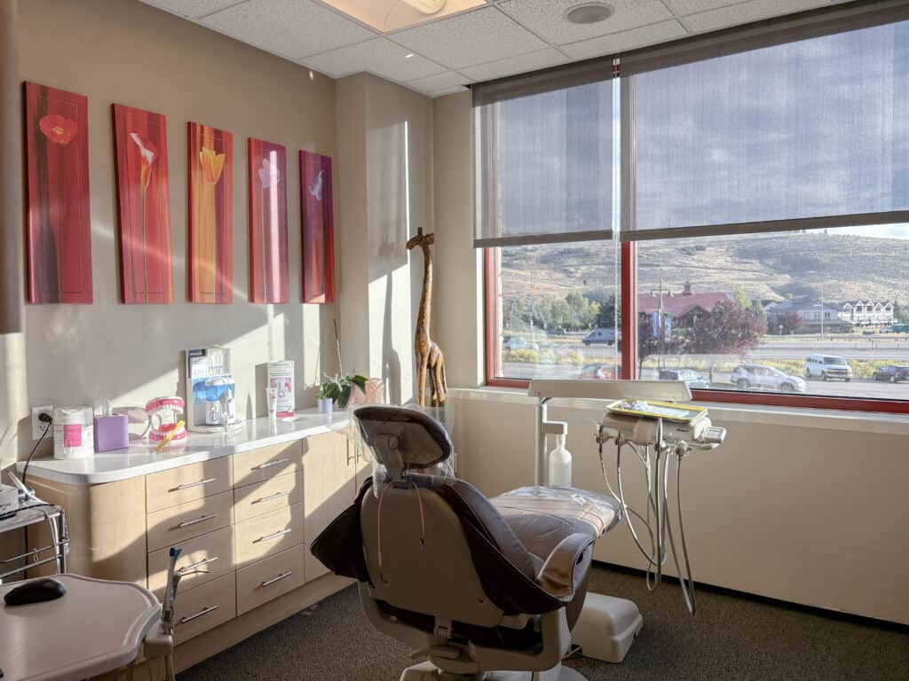 Clean and modern dental operatory room featuring natural lighting and mountain views.